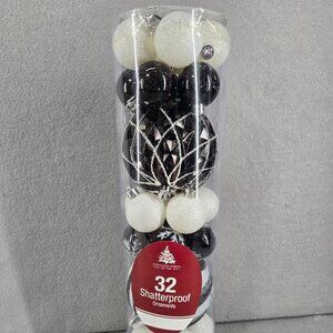 Enchanted Forest Shatterproof ornaments, Set 32, Black & White w/glitter